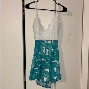 Chic White Lace and Green Leaf Print Jumpsuit